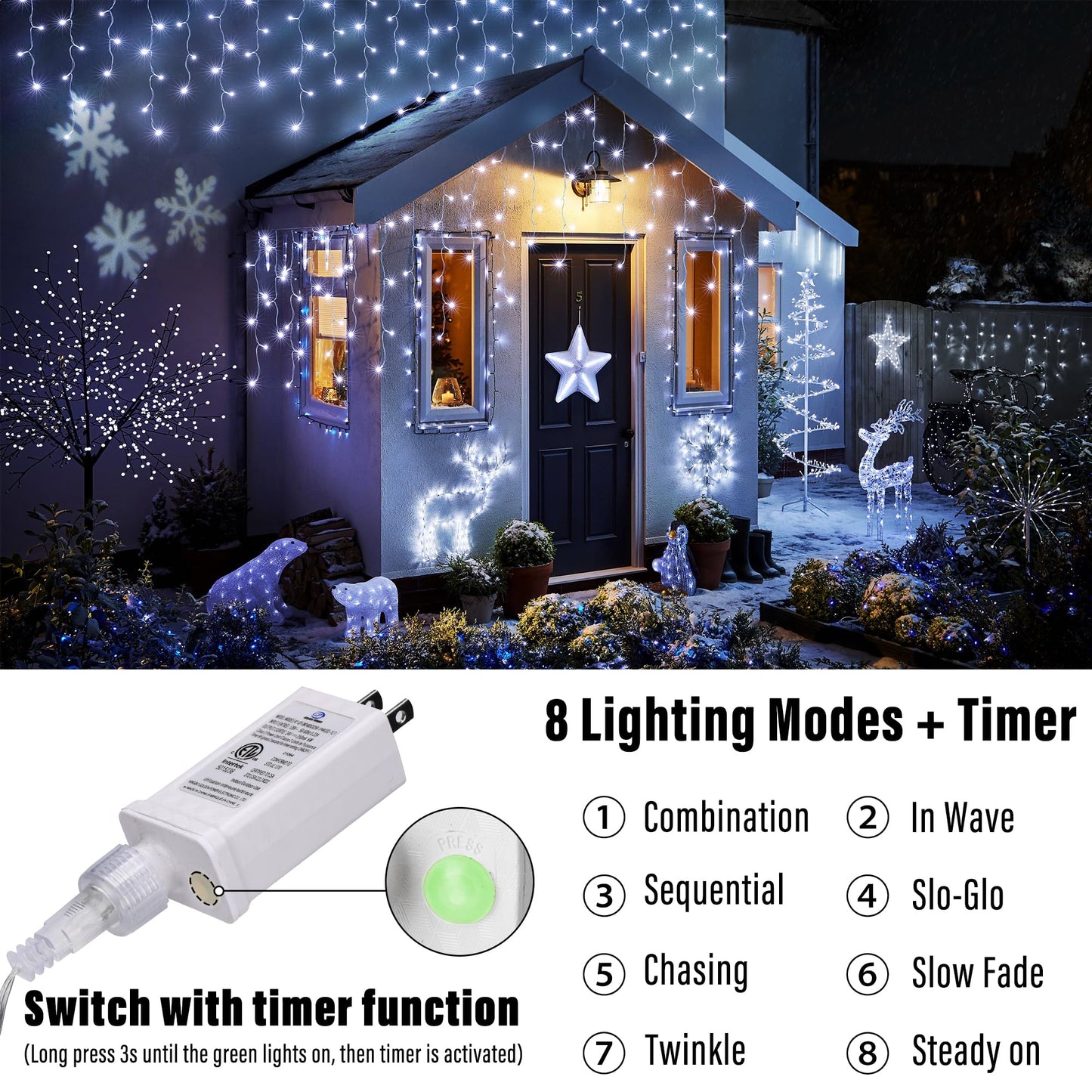 Lomotech Christmas Icicle Lights - 19Ft 8 Modes Waterproof Christmas Lights Connectable with Timer for Holiday, Wedding Party, Eaves, Christmas Decorations (White)