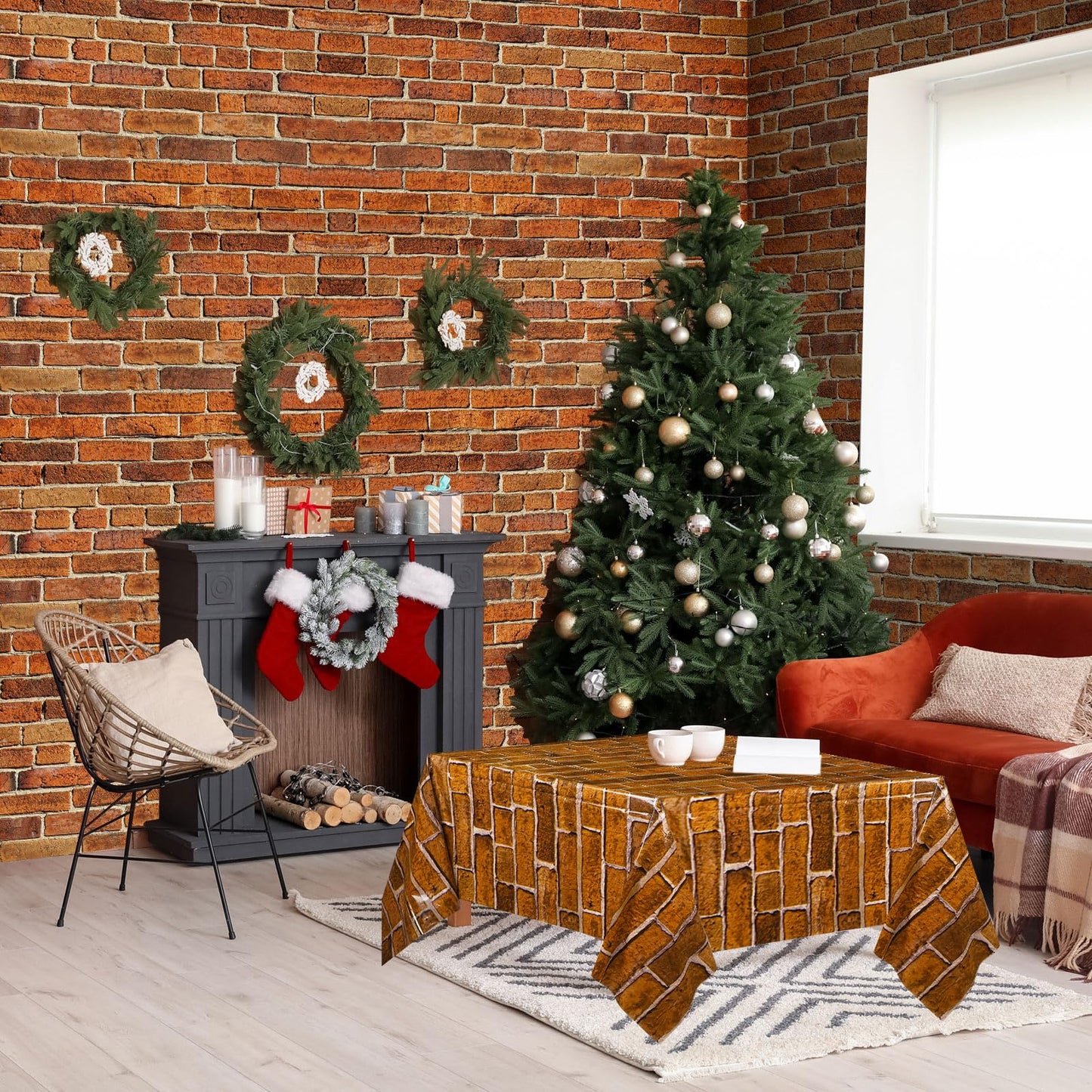 Chuangdi Brick Stone Wall Stone Wall Scene Setter Brick Sheet Wallpaper Curtains Door Removable Tablecloth Photo for Halloween Christmas Party and Home Decor(Retro Red,6 Pcs)