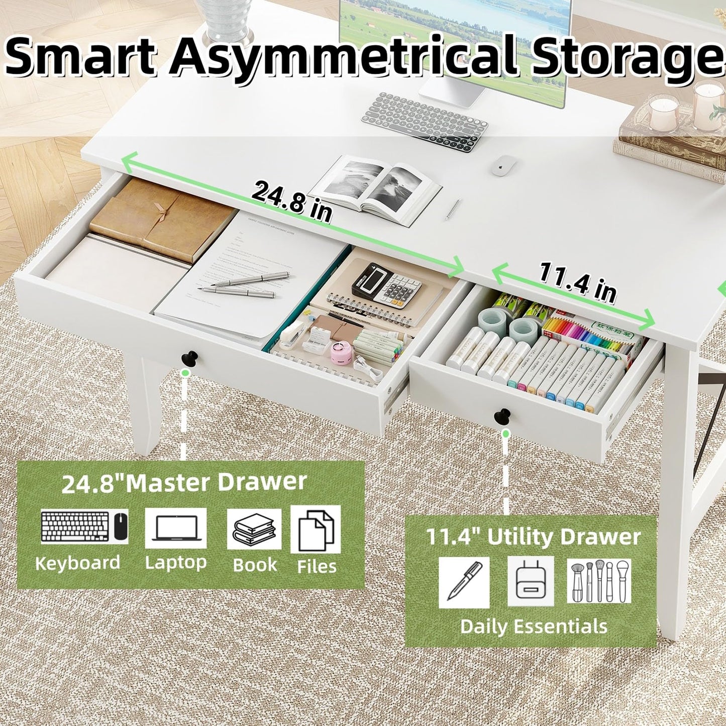 JSB 43.3'' White Computer Desk for Home Office,Farmhouse Executive Desk with 2 File Drawers,Study Writing Table Storage Cabinet,Makeup Vanity Desk for Bedroom (White, 43.3in)