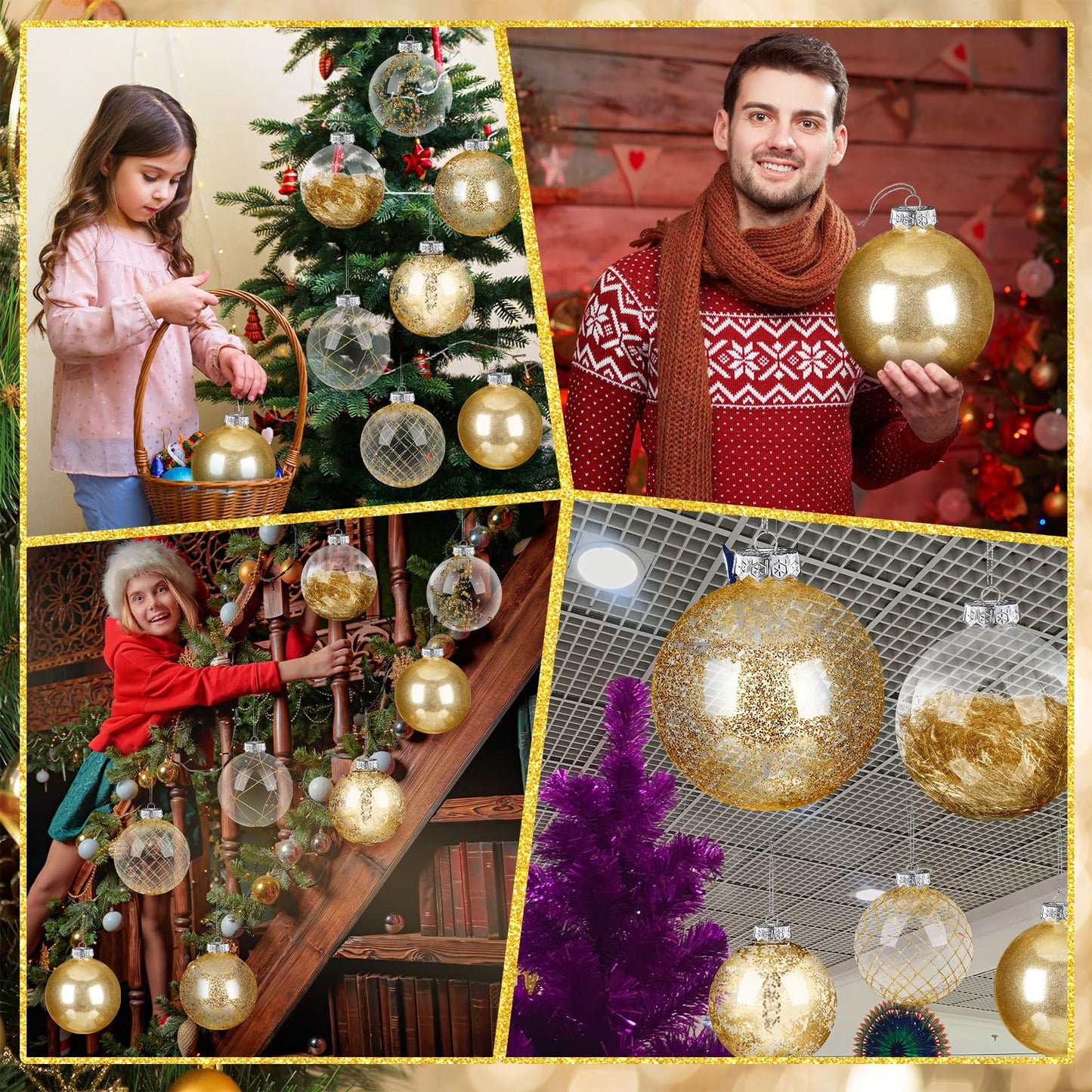 Wettarn Set of 8 Transparent Large Christmas Ball Ornaments 6 Inch Glitter Hanging Plastic Balls Christmas Tree Decorations for Lawn Yard Party with Exquisite Filling Decoration (Charming Gold)