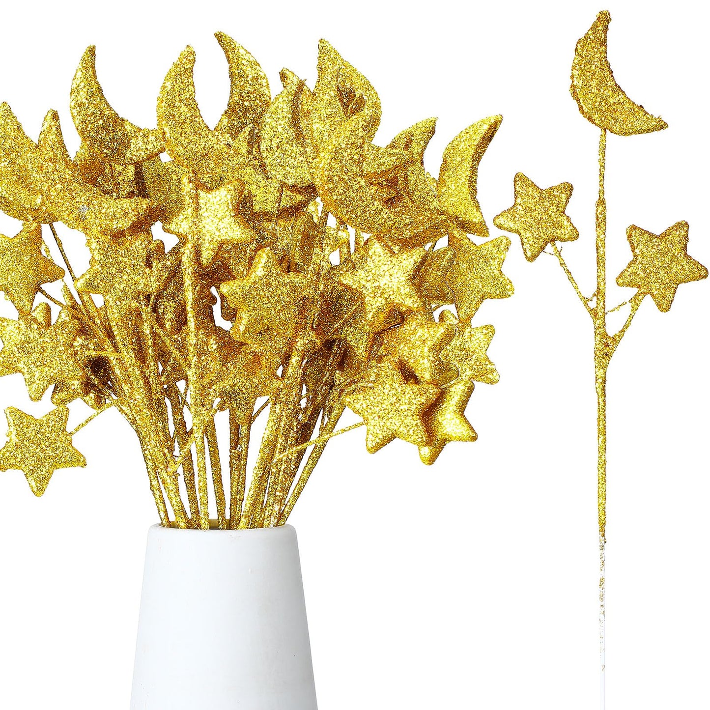 Wavwavw 24 Pcs Moon Star Floral Picks Gold Moon Star Stem Vase Filler Baby Shower Decor Glitter Twinkle Stem Table Decoration for Table Centerpiece Home Living Room Wedding Birthday Party, 12.2 Inch