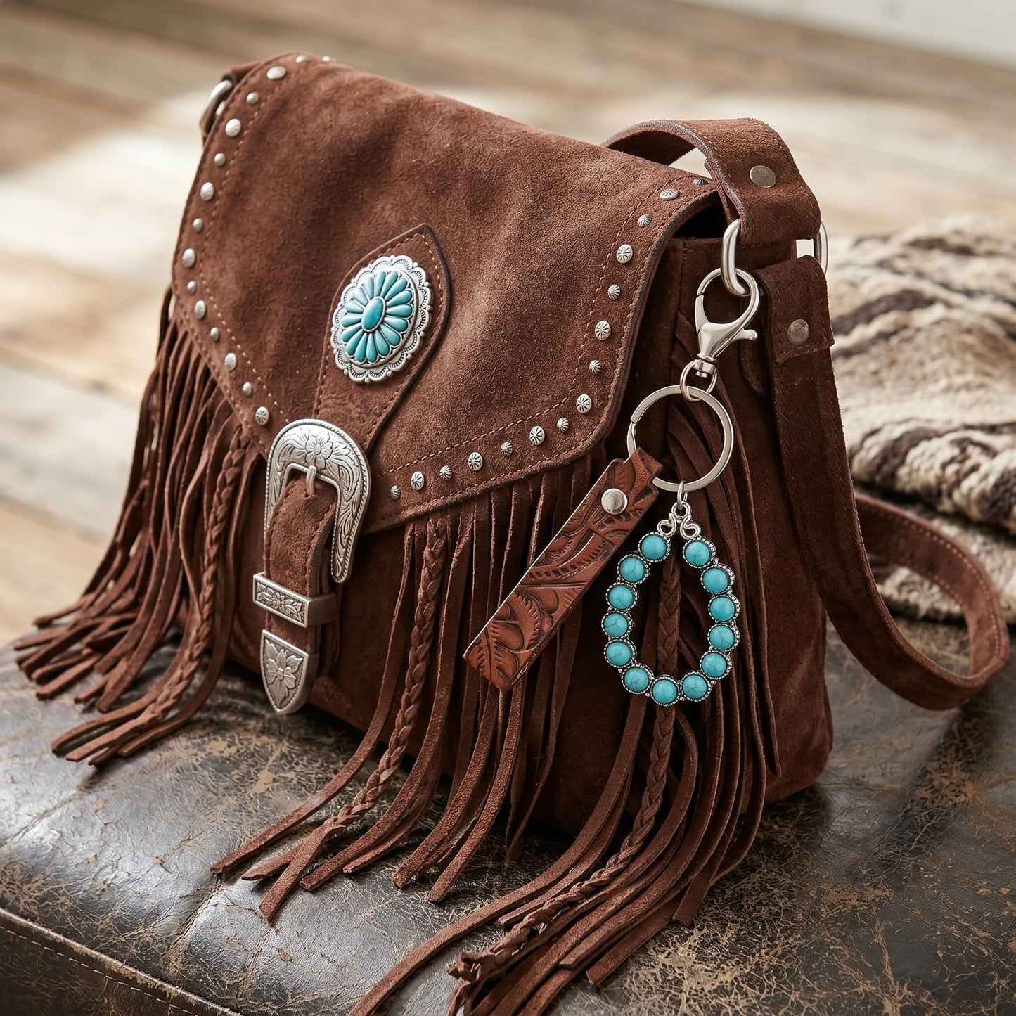 Kigeli 6 Pcs Western Keychain Vintage Embossed Cowhide Keychain Wristlet with Metal Charms Gifts for Women Men Antique PU Leather Key Ring for Keys Wallet Backpack Bag