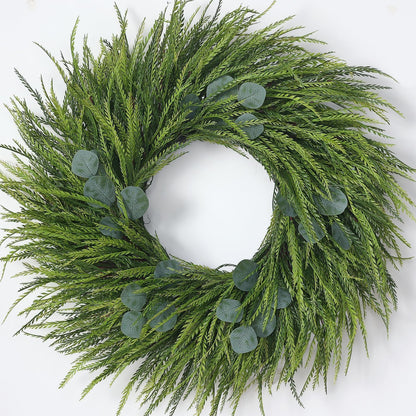 26" Artificial Saw Grass Wreath for Front Door, Lifelike Faux Saw Grass Wreath with Fake Eucalyptus Spring Summer Greenery for Wall Window Fireplace Farmhouse Home Outside Decoration