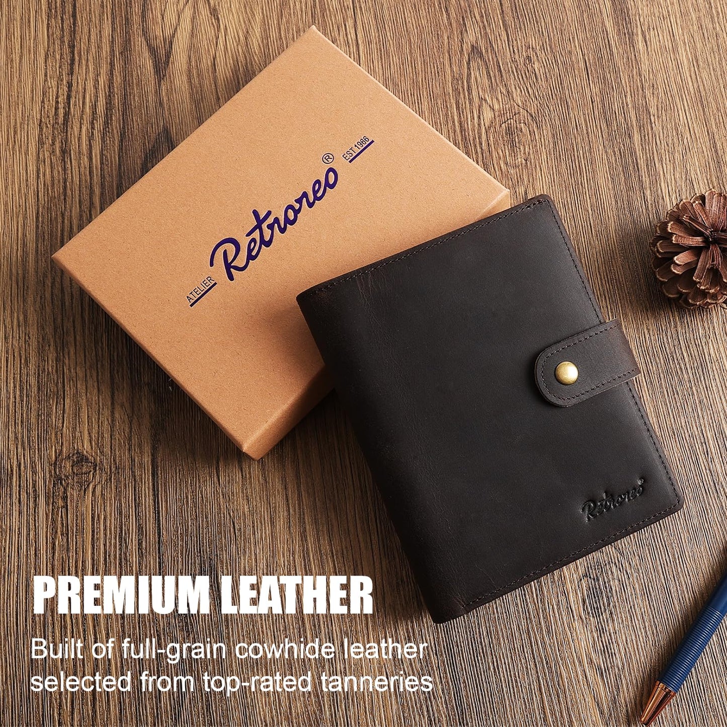 Retroreo Vitus Full Grain Leather Passport Wallet, Travel Document Organizer with RFID Blocking, Dual Passport Slots, Dual Cash Pockets, Multiple Card Holders, a 60-Page Travel Notebook & Pen Included