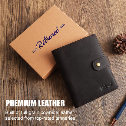Retroreo Vitus Full Grain Leather Passport Wallet, Travel Document Organizer with RFID Blocking, Dual Passport Slots, Dual Cash Pockets, Multiple Card Holders, a 60-Page Travel Notebook & Pen Included