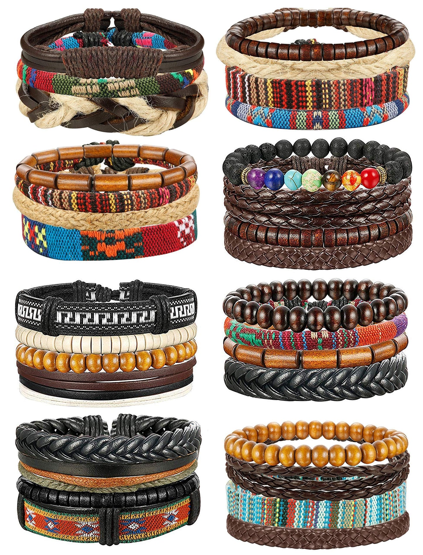 FIBO STEEL Braided Leather Bracelets for Men Women - Wooden Beads Cool Wrap Cuff Bracelets Mens Hemp Tribal Wristbands Punk Vintage Bracelet Set 31 Pcs