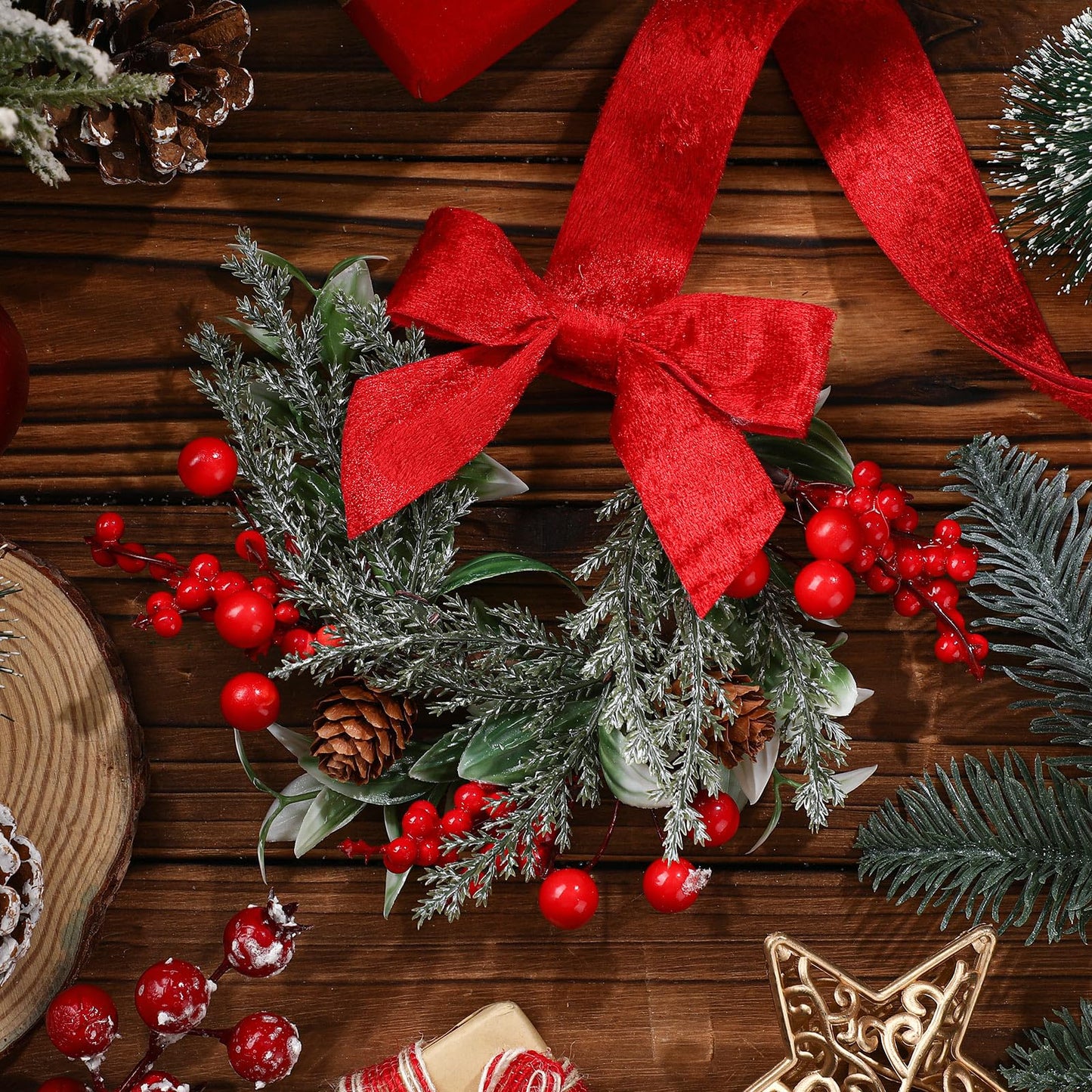 Dingion 6 Pcs 6" Christmas in July Mini Cabinet Wreaths for Kitchen with Ribbon Bows Red Berry Small Window Wreath for Window Door Farmhouse Christmas Party Decorations