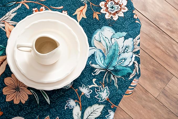 Maison d' Hermine Table Cloth Round Table 100% Cotton 63 Inches Fall Tablecloth Reusable Everyday Use for Thanksgiving Christmas Decorations Dining Farmhouse Party (Luxury Loft - Dark Teal)