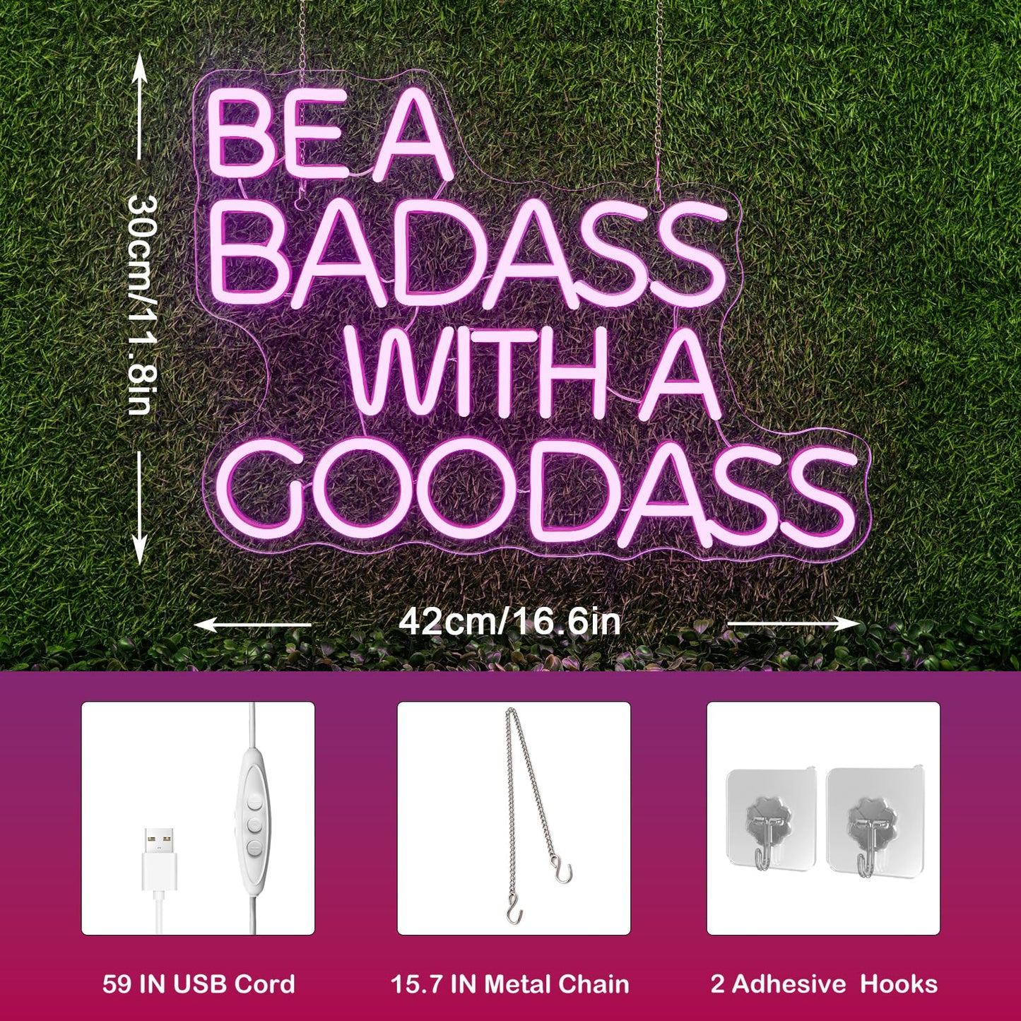 Gym Neon Sign with Pink LED Content Neon Light BE A BADASS WITH A GOODASS Light Signs for Wall Art Decor in Bar Club Ideal Birthday Gift for Teens and Adult Home Gym