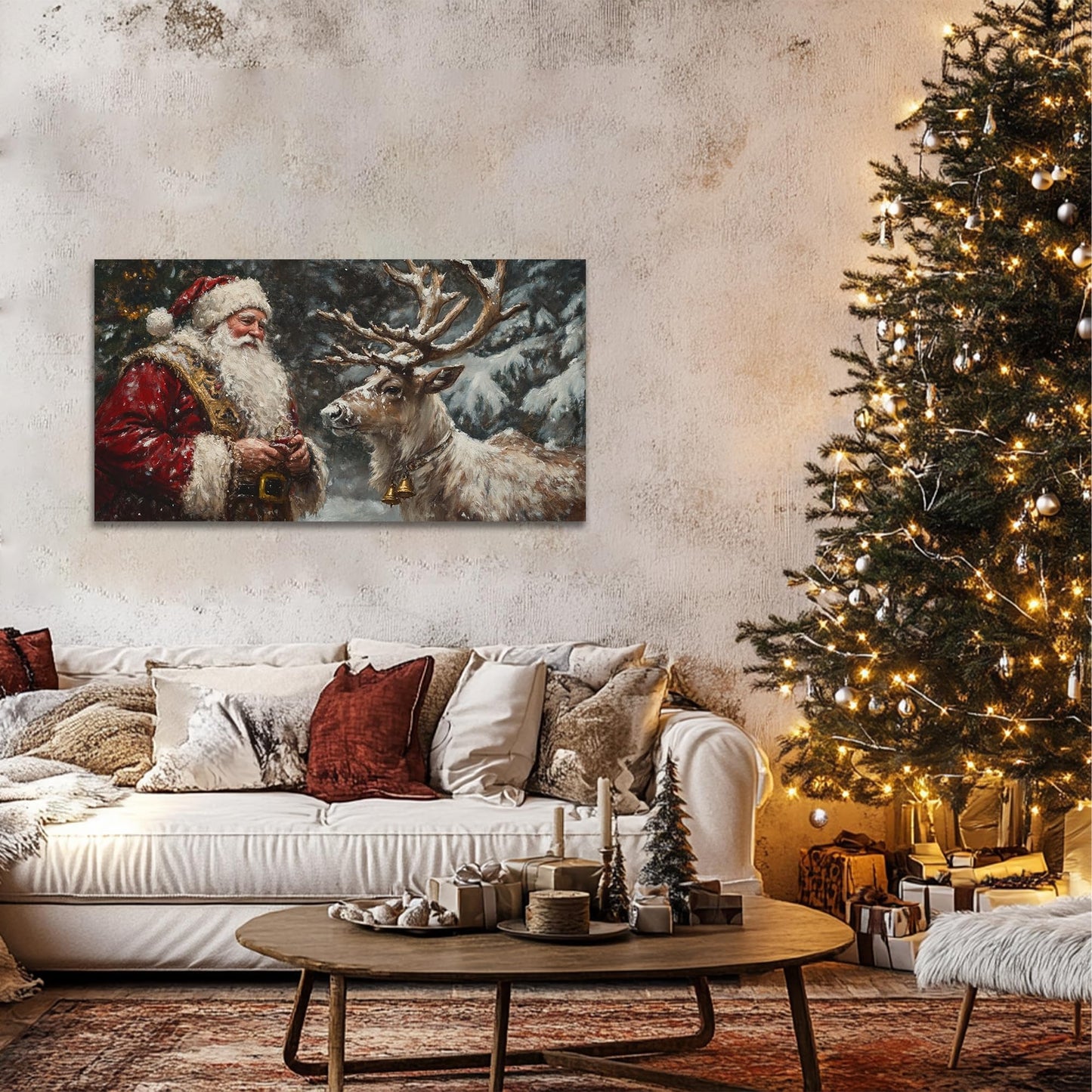 GUTTATY Christmas Canvas Wall Art, Santa and Reindeer Canvas Prints, Winter Forest Scene Wall Decor, Snowy Holiday Hanging Painting, Christmas Picture Poster for Living Room, Bedroom, 32x16 Inch