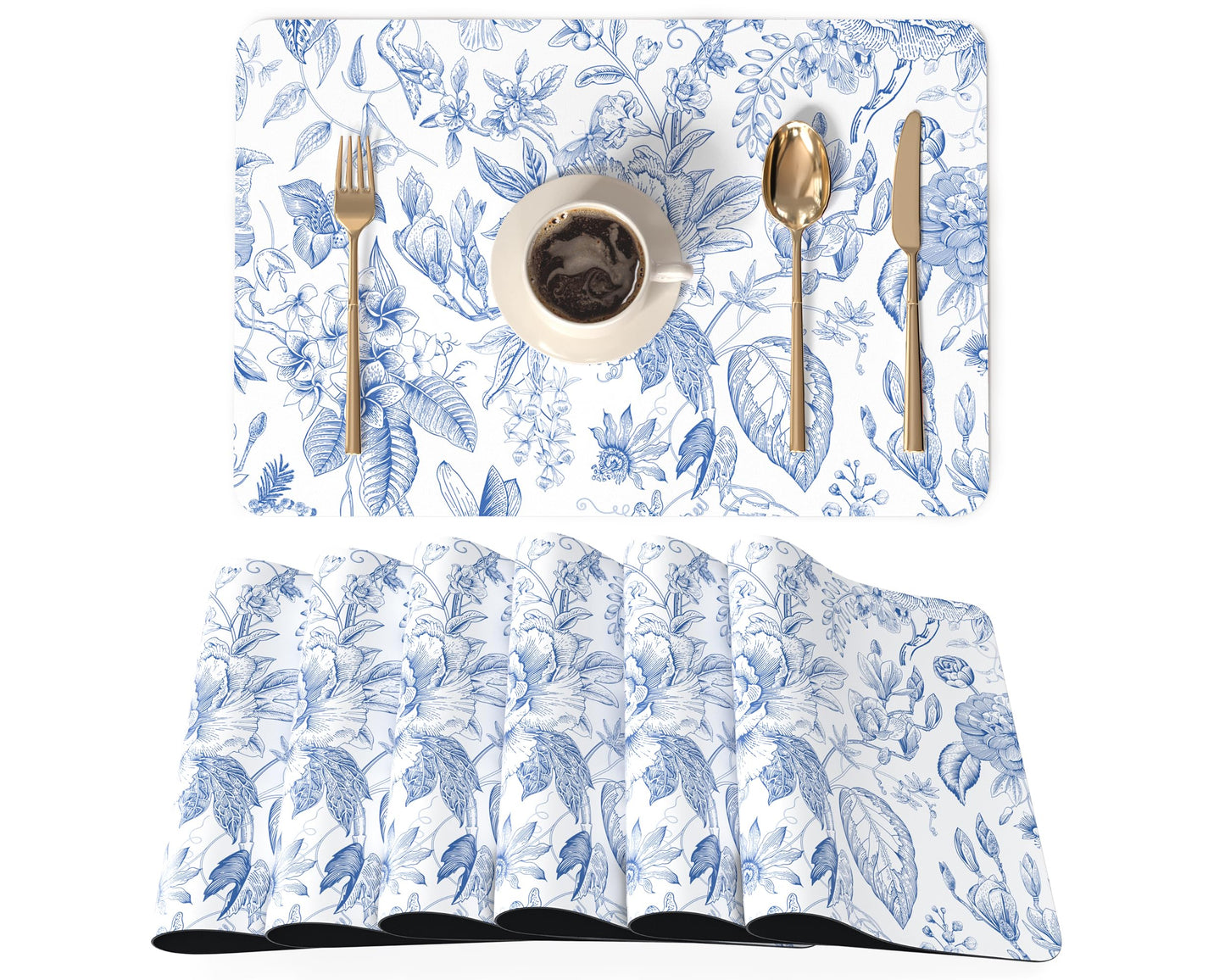 QiyI Placemats Set of 6, 12x18 Inch Faux Leather Place Mats for Kitchen Dinning, Heat Resistant Anti Slip Floral Table Mats, Waterproof Wipeable Washable Placemat Party Table Décor, Blue Flowers