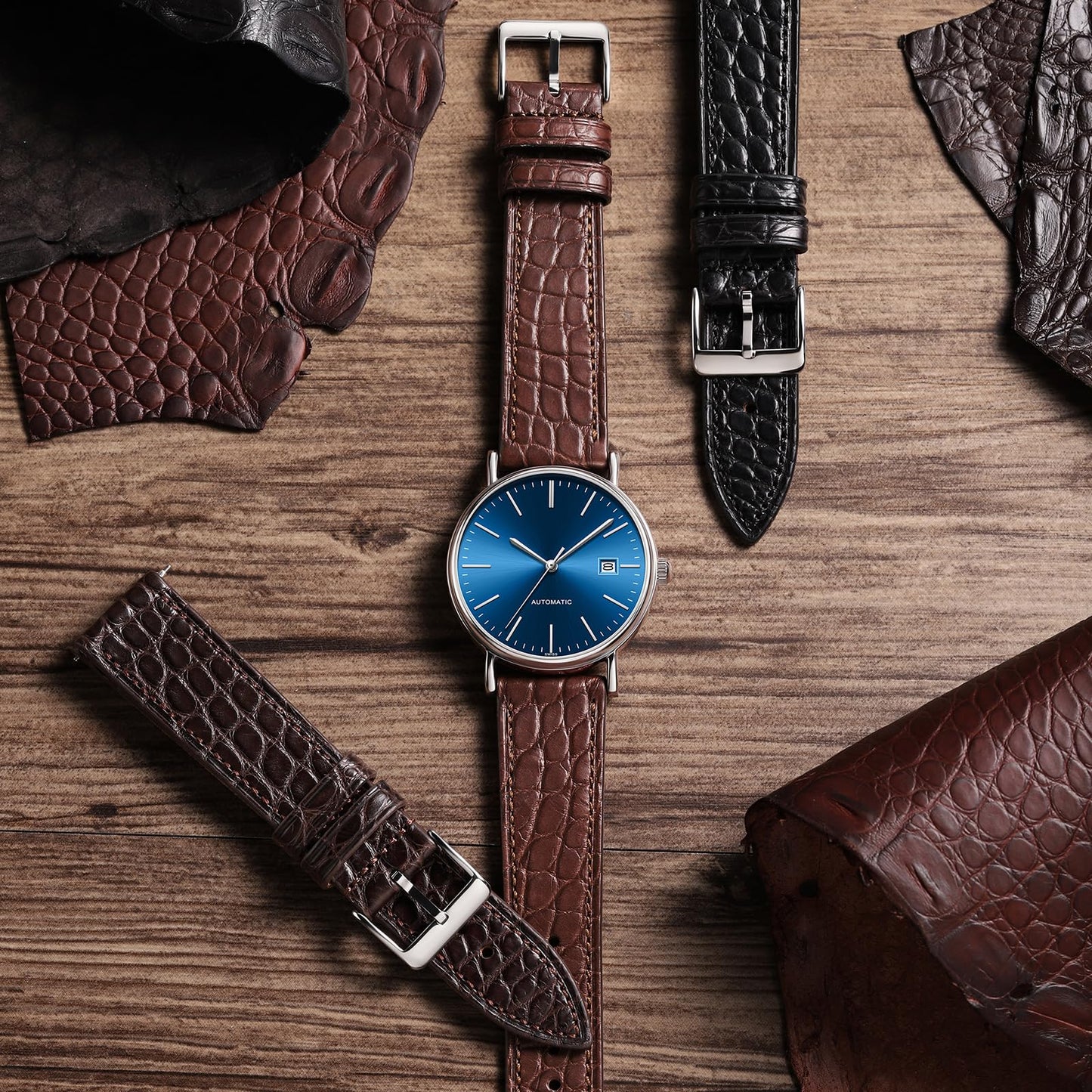 Getalia® Genuine Alligator Leather Watch Band, Crocodile Grain Strap with Quick Release, 18 20 22mm Replacement Watch Strap for Men and Women（Brown-Width:20mm）