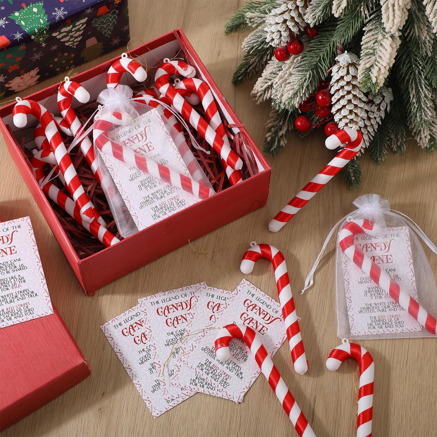 Cholemy 36 Sets Christmas Candy Cane Hanging Ornaments Gifts Including 36 Candy Cane Ornaments and 36 Legends of Story Cards with 36 Organza Bags for Christmas Tree Home Party Decor