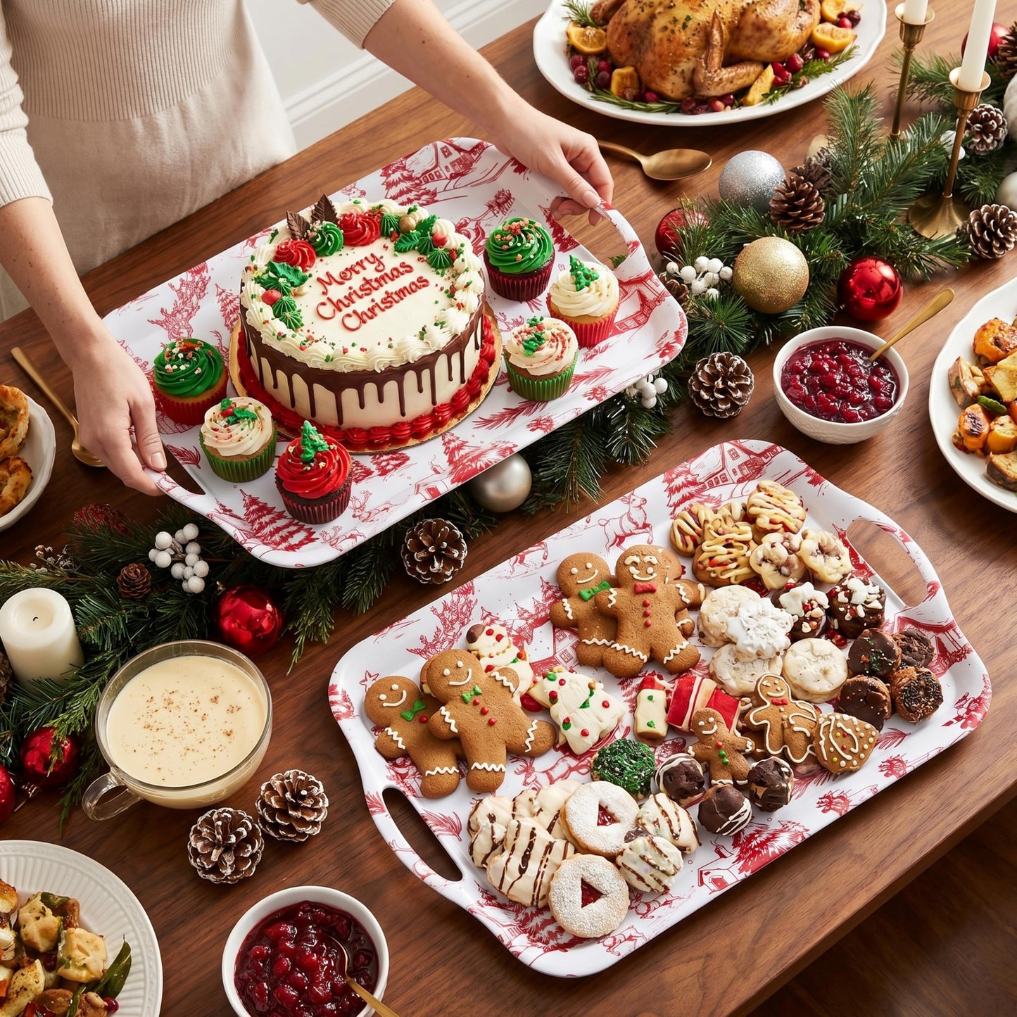 ONEderful 2-Pack Christmas Serving Trays – 18x13 Inches Winter Wonderland Handled Platters, Large Holiday Trays for Christmas Parties, Buffets & Family Gatherings (Christmas Color Scheme)