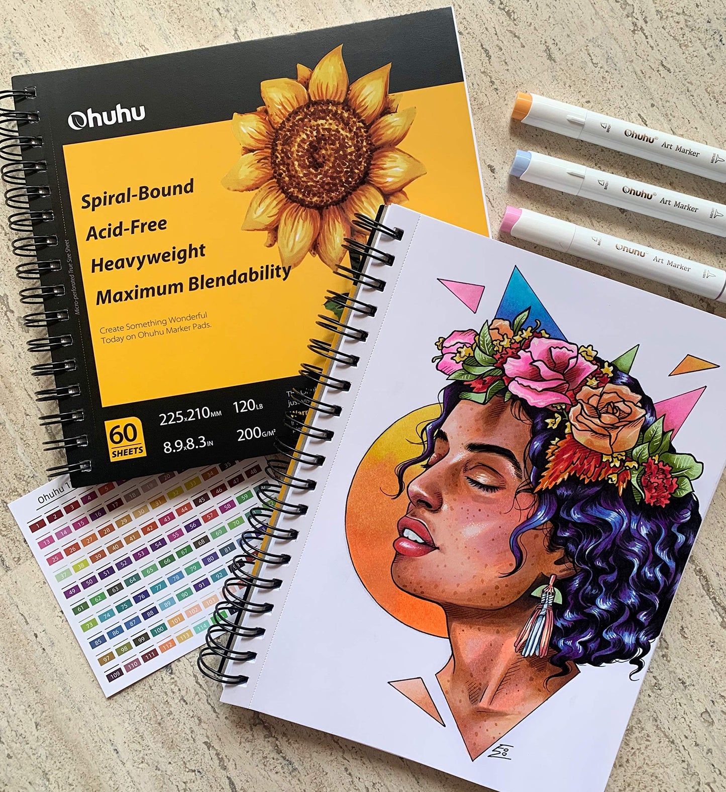 Ohuhu Marker Pads Art Sketchbook, 7.6"x10" Large Paper Size, 120 lb/200 GSM Heavy Smooth Drawing Papers, 60 Sheets/120 Pages, Spiral-Bound Sketch Book for Alcohol Markers Christmas Gift