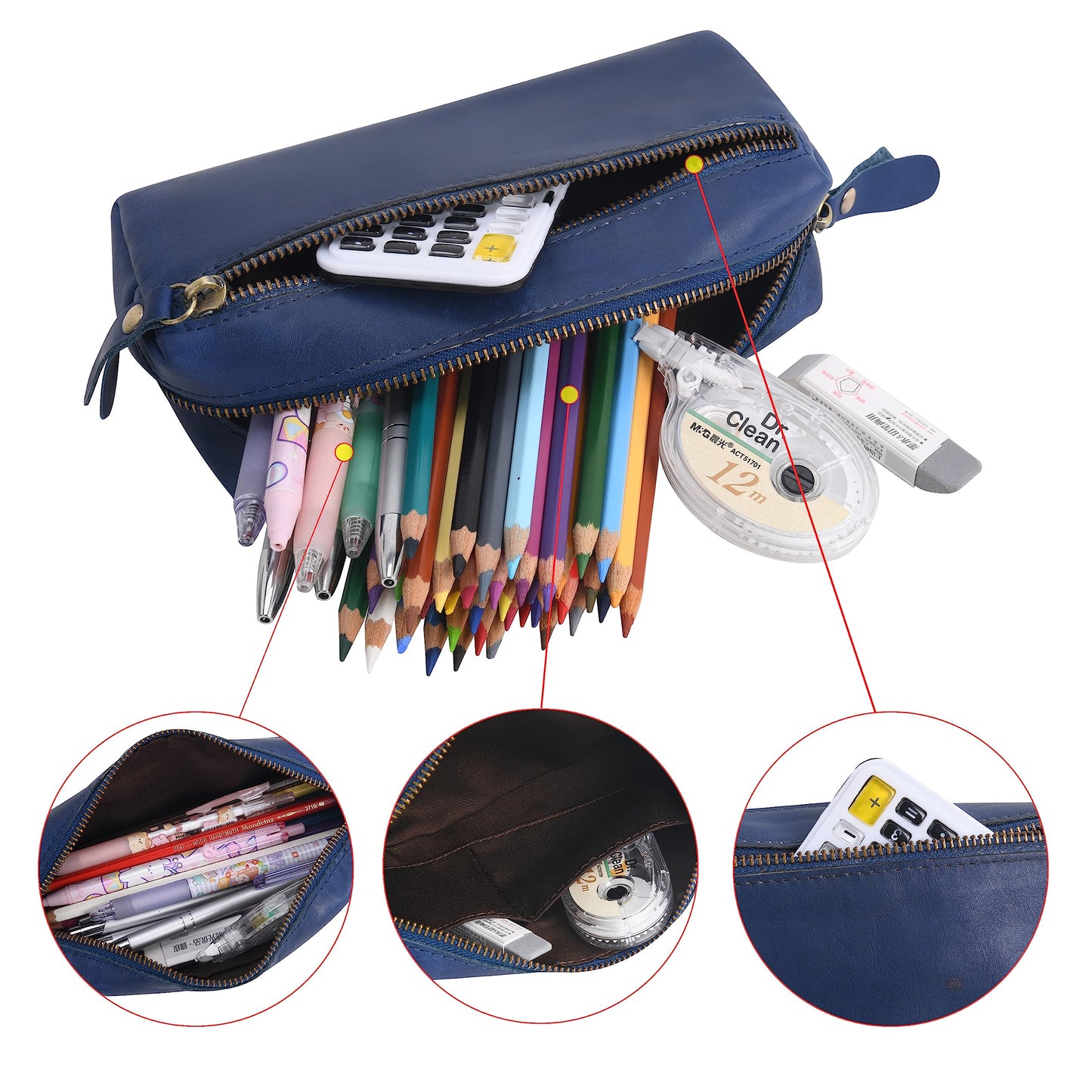 Wonderpool Pen Case Real Leather Pencil Pouch Markers Holder Big Capacity Bag with Side Zippered Pocket Sleeve for Stationery Makeup Utensils Organizer (Blue)