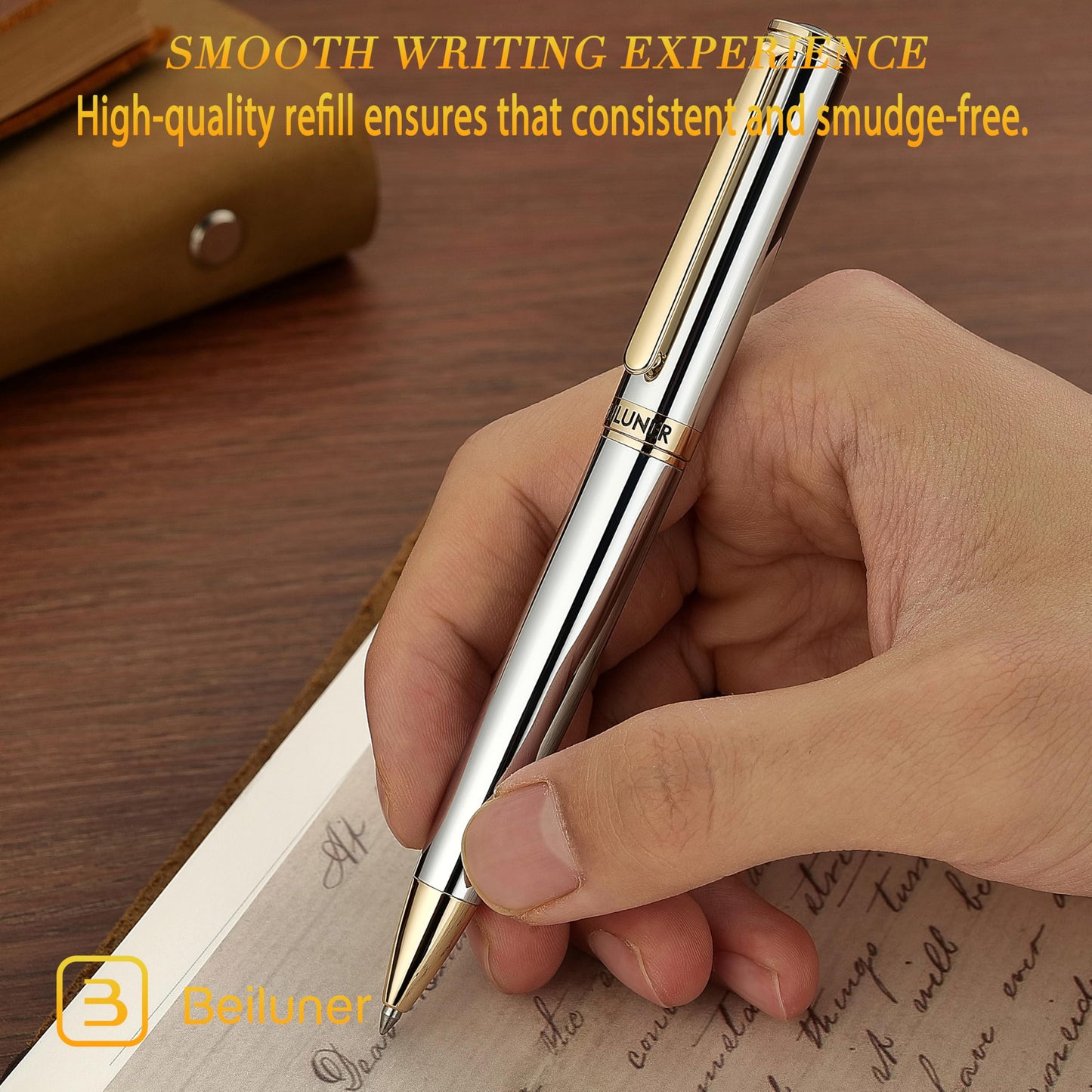 BEILUNER Silver Gold Gel Pen - Luxury Featuring sophisticated chrome finishes, with 24K Gold Accents, Best Pen Gift Set for Men & Women, Business Signature, Executive, Office Retractable Pens