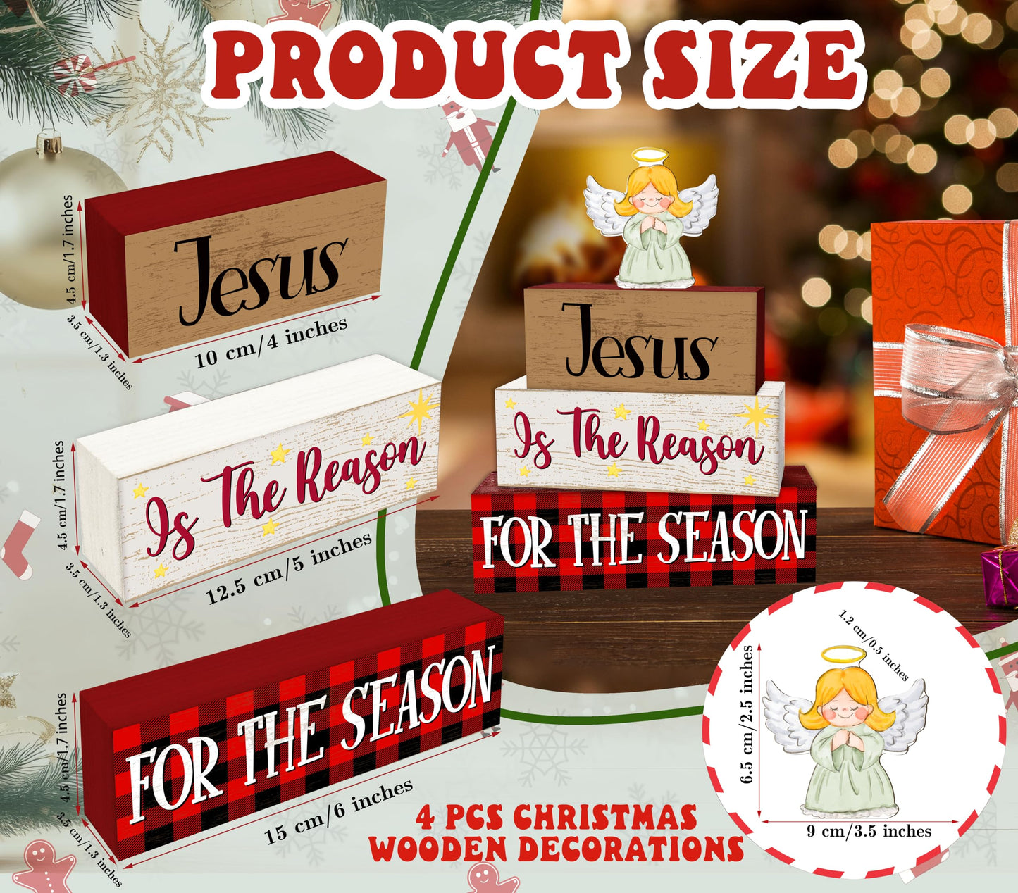 4 Pcs Angel Christmas Decor, Jesus Table Decorations, Bible Verse Christmas Tiered Tray Desk Decor Gifts, Wooden Christian Stack Block Signs Table Centerpiece for Farmhouse Office -B02