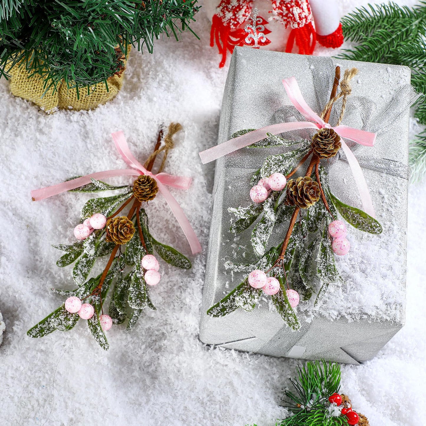 Giegxin 1 Piece Christmas Artificial Mistletoe Ornament with Bow Christmas Hanging Mistletoe Decoration Bouquet Floral Natural Pine Cones Holiday Decor Ornament Bouquet (Pink Style,Pink)