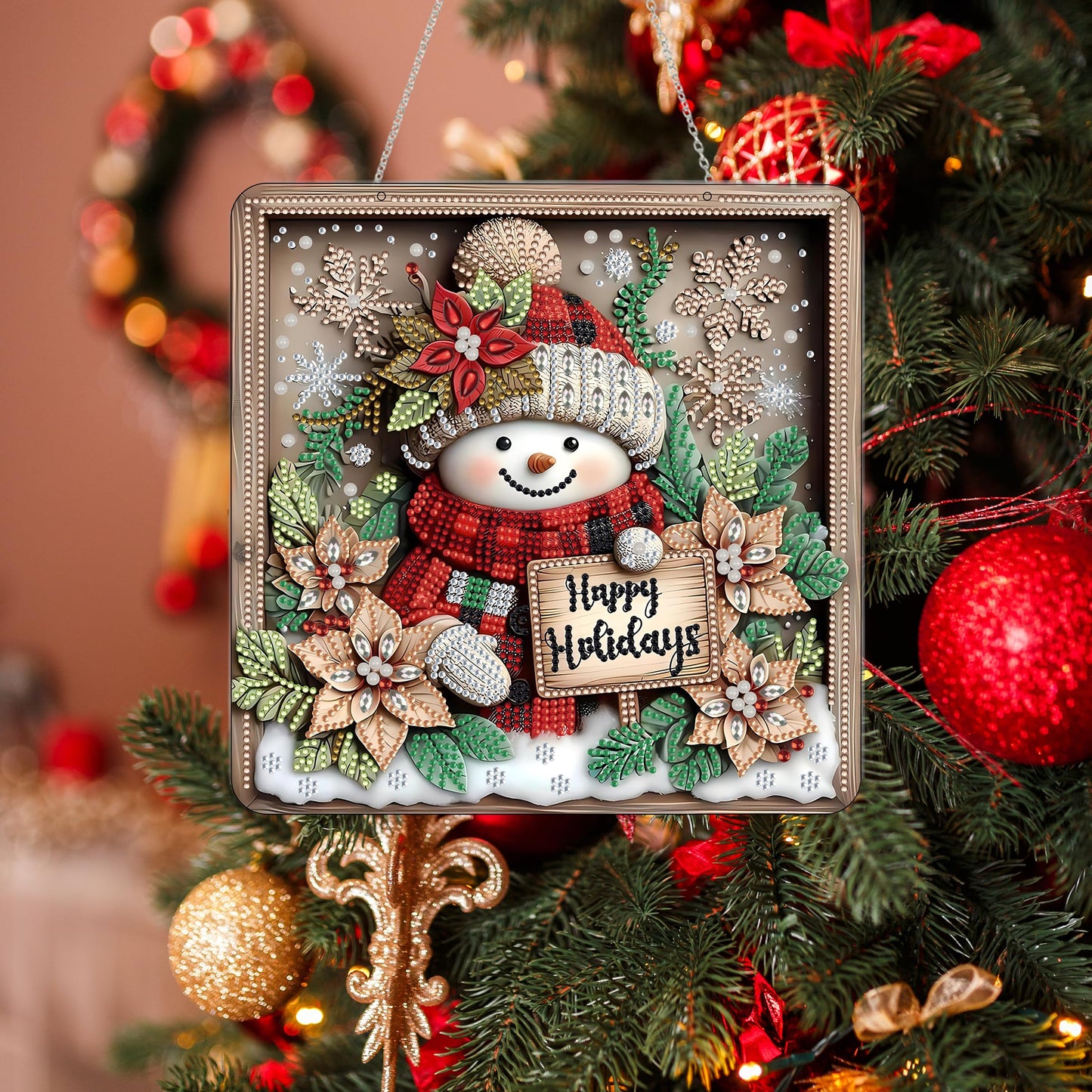 DIY Acrylic Diamond Art Painting Wreath Kits Special Shaped Rhinestone 5D Diamond Art Window Pendants Home Garden Wall Hanging Kits Hanging Ornament，Double Sided(Christmas Snowman-1)