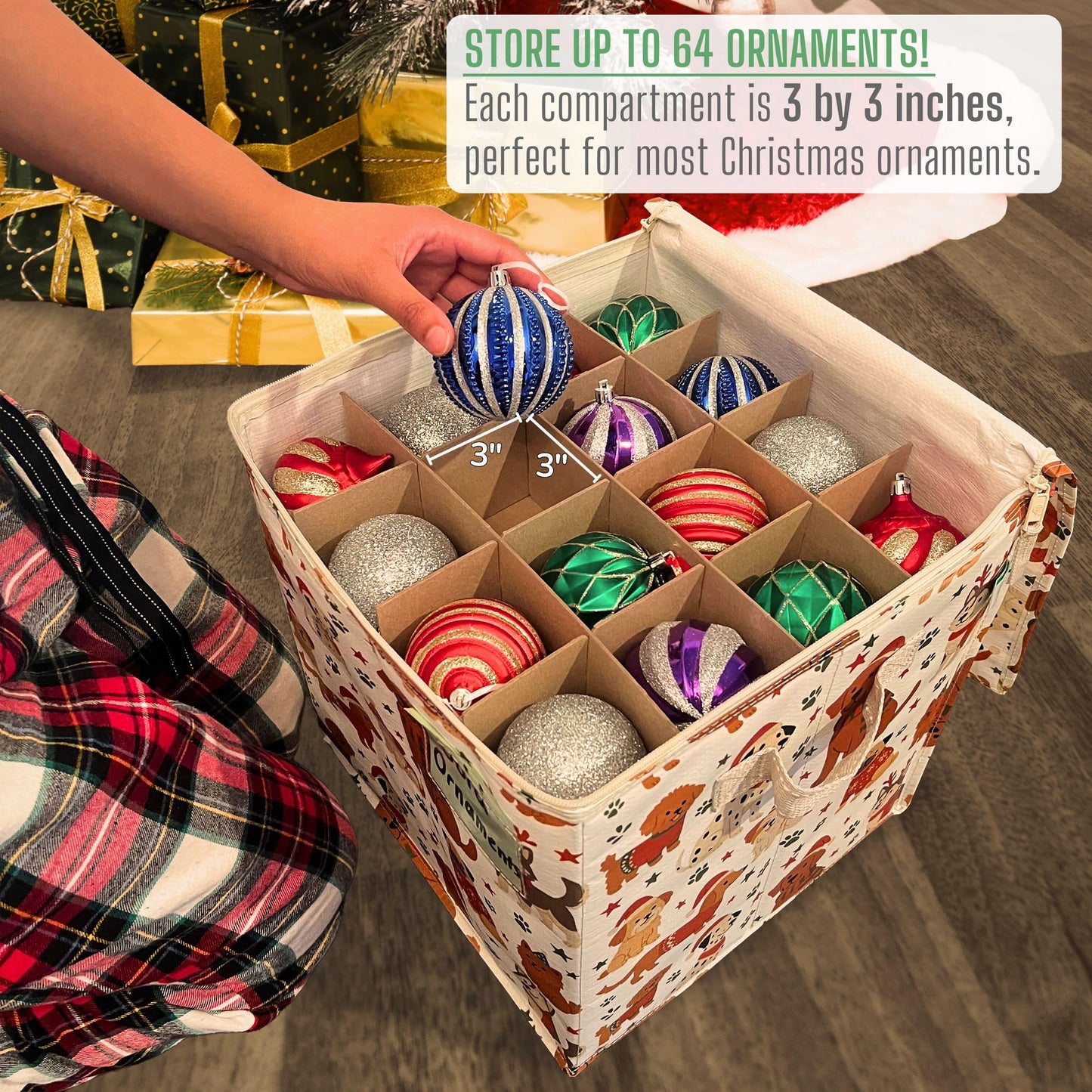 VENO 2 Pack Christmas Ornament Storage Box, Holiday Ornament Organizer with Adjustable Dividers, Sturdy Storage Containers for 64 Ornaments, Zippered Lid & Handles, 3" Cube (Holiday Pups)