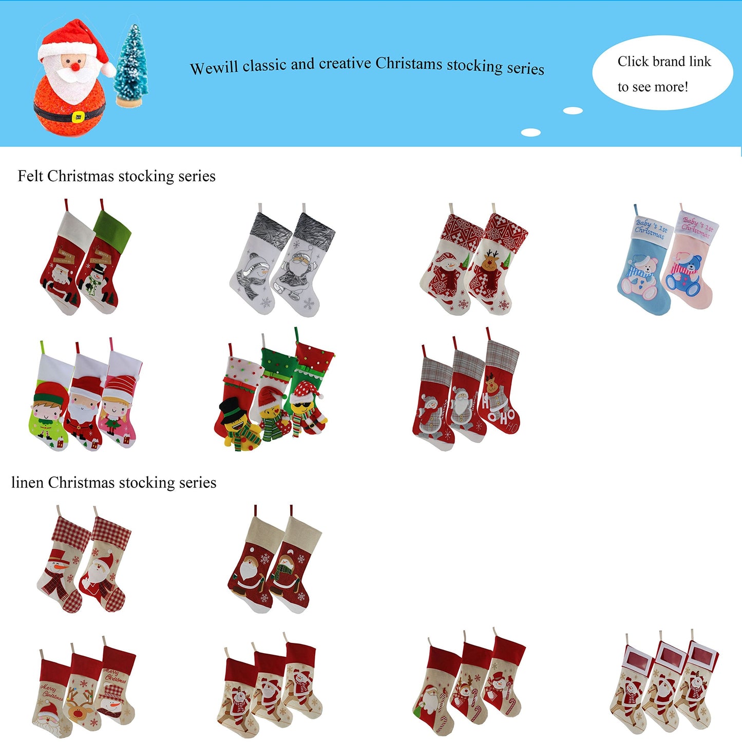WEWILL Classic White Silvery Christmas Stockings Set of 2 Santa, Snowman Xmas Character Fireplace Hanging Stockings 17 inches for Holiday Party Family