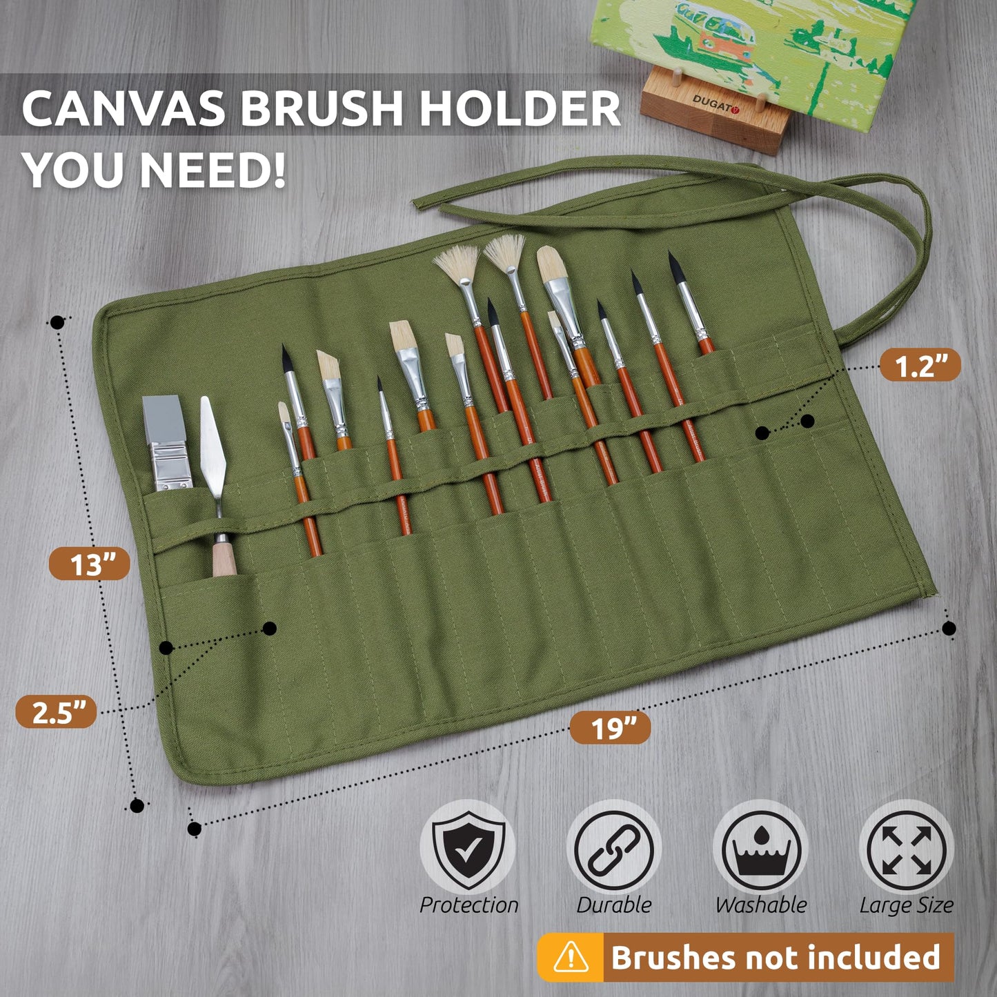 DUGATO 30-Slot Roll-Up Paint Brush Holder, Premium Canvas Brush Organizer for Artists, Washable Travel Brush Case for Watercolor, Acrylic, Pens & Art Supplies (Army Green) - Brushes not Included
