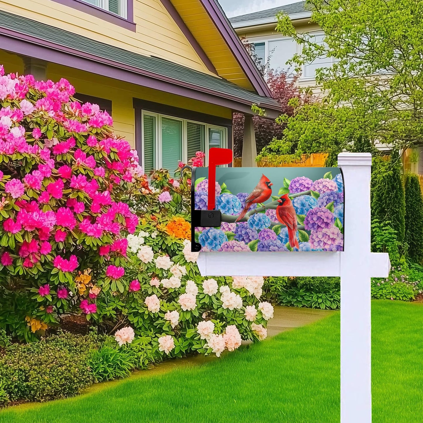 Summer Hydrangea Mailbox Cover Spring Cardinal Bird Mailbox Covers Magnetic Standard Size 21x18 in Blue Purple Floral Post Letter Box Cover Wrap for Home Farmhouse Garden Decor
