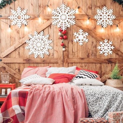 Wooden Large Snowflake Ornaments Sign Christmas Decorations 6 Pack, Wood Hollow White Snowflakes Crafts Winter Hanging Plaques Decorations 6 Size of Cutouts New Year Wall Bedroom Living Room Decor