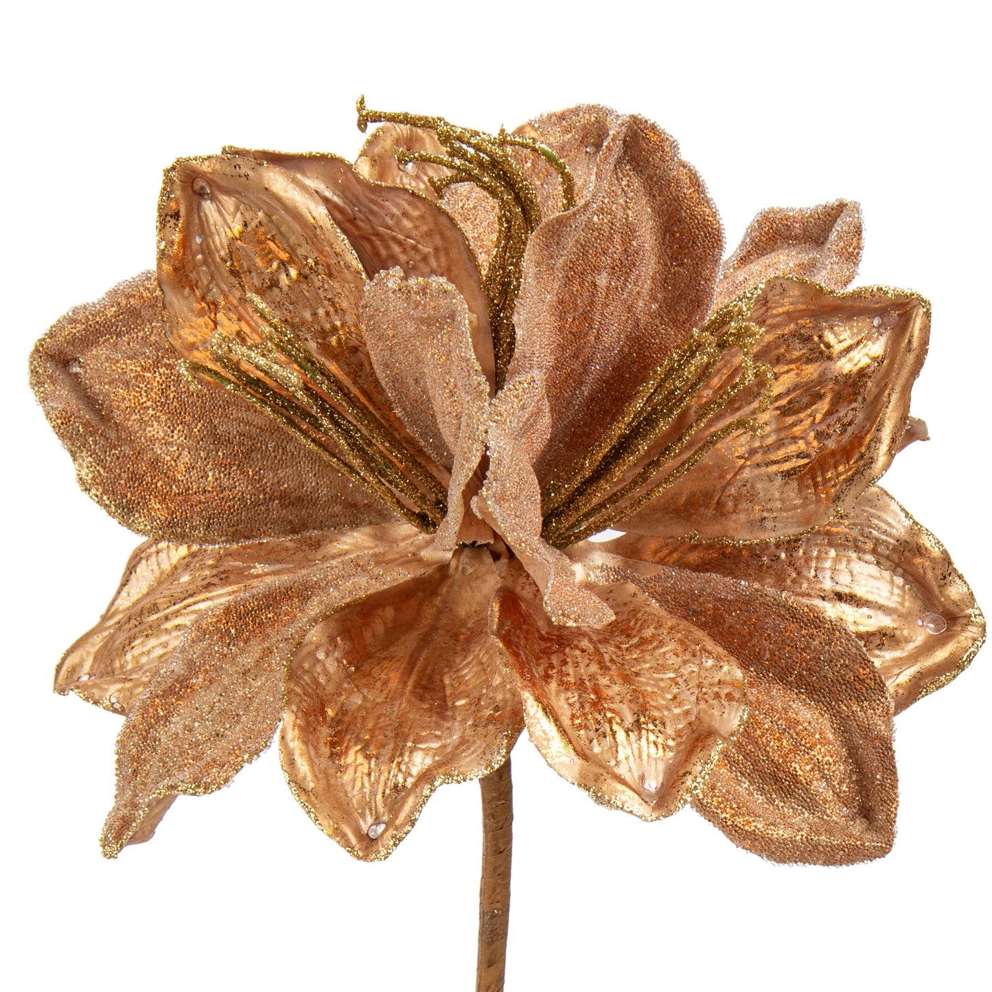 Briful 3PCS Christmas Glitter Poinsettia Flowers 3 Heads Large Artificial Amaryllis Floral Picks 24 Inch Long Stem Fake Flowers Ornaments for Christmas Tree Vase Table Centerpiece Decor (Bronze)