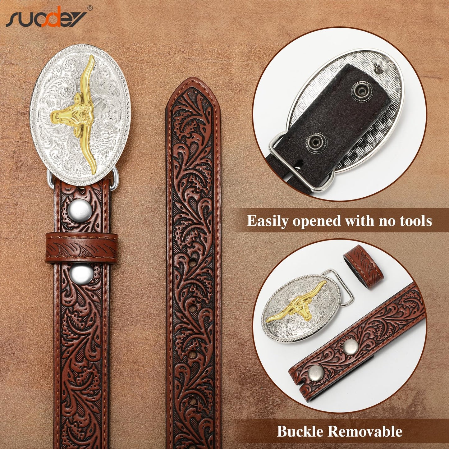 SUOSDEY Kids Western Belt for Boys Girls,Toddler Youth Cowboy Cowgirl Genuine Leather Belt with Longhorn Bull Buckle