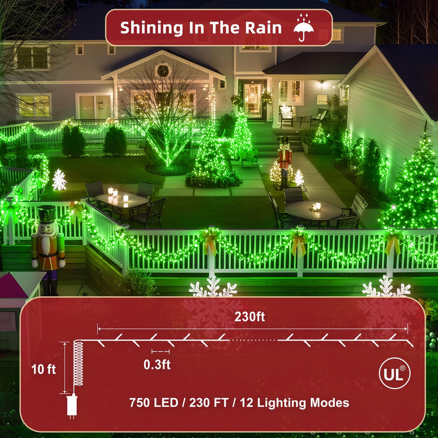 240ft Outdoor Christmas Lights, 750 LED Super Long String Lights 12 Modes & Timer Memory, Dimmable Outsite Waterproof Light Strings for Xmas Tree Garden Wedding Party Holiday Decorations Green