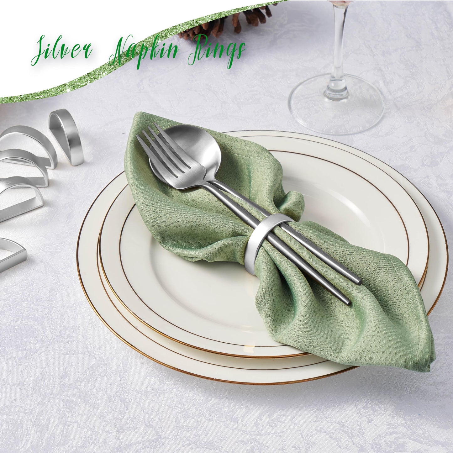 APTWOW Silver Napkin Rings Set of 12, Semicircle Metal Silver Napkin Holder Buckles, Fall Thanksgiving Christmas Napkin Rings for Dinner Table Decor, Wedding, Banquet, Party