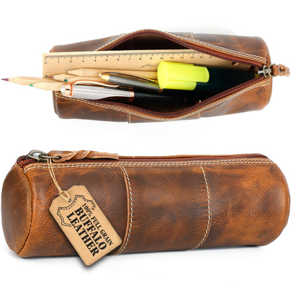 LEATHER TOWN Leather Pencil Case - Full Grain Leather Zippered Pen Pouch - Bag Pen Holder for Work & Office (Brown)