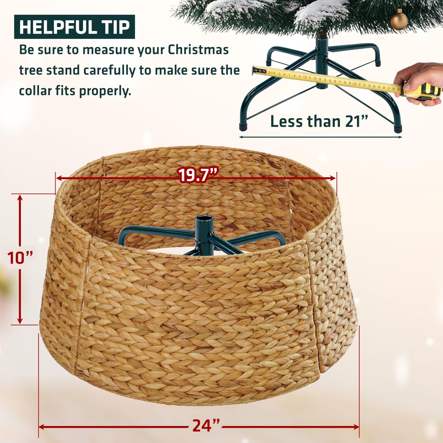 MIXUMON Handmade Water Hyacinth Christmas Tree Collar 24" – Rustic Basketweave Tree Base Cover, Eco-Friendly Skirt Alternative with Cord Cut-Out (Natural)