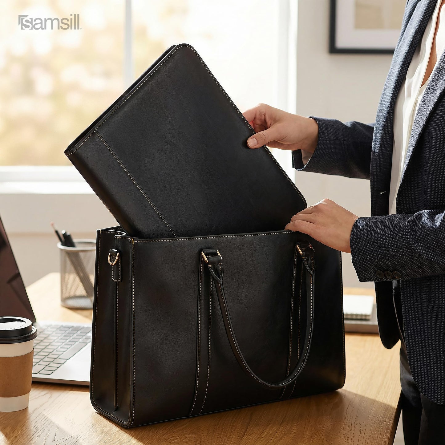 Samsill Contrast Stitch Leather Zippered Portfolio Folder/Business Portfolio for Men and Women, Resume/Document Organizer with Writing Pad, Black (71720)