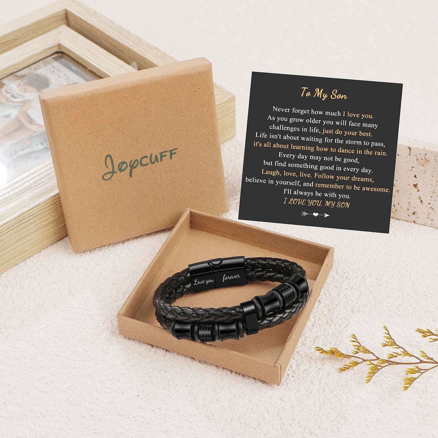 JoycuFF Gifts for Son from Dad Mom Leather Bracelet Gifts for Men Birthday Gift for Son Bracelet from Mom Black Layered Bracelets Engraved I Love You Forever Braied Cuff Graduation Gift