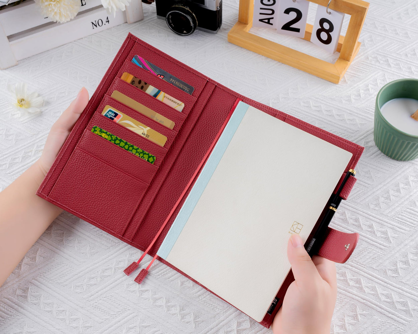 Ox Knight Genuine Leather Cover for A5 Notebooks, Fits Hobonichi Cousin, Midori MD Planners, Leuchtturm1917 and Stalogy with Pen Loop, Card Slots, Side Pockets, Back Pocket and Bookmarks (Red)