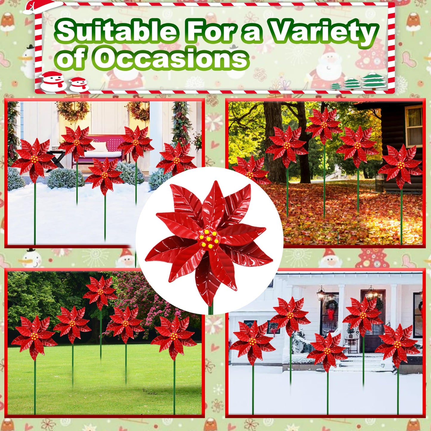 Metal Flower Wind Spinner Garden Lawn Stakes Yard Art, 27 Inch Poinsettia Windmill Iron Handicraft Lawn Decorations, 5 Pieces Christmas Star Stake, Metal Yard Art Outdoor Mother's Day Decoration Gift