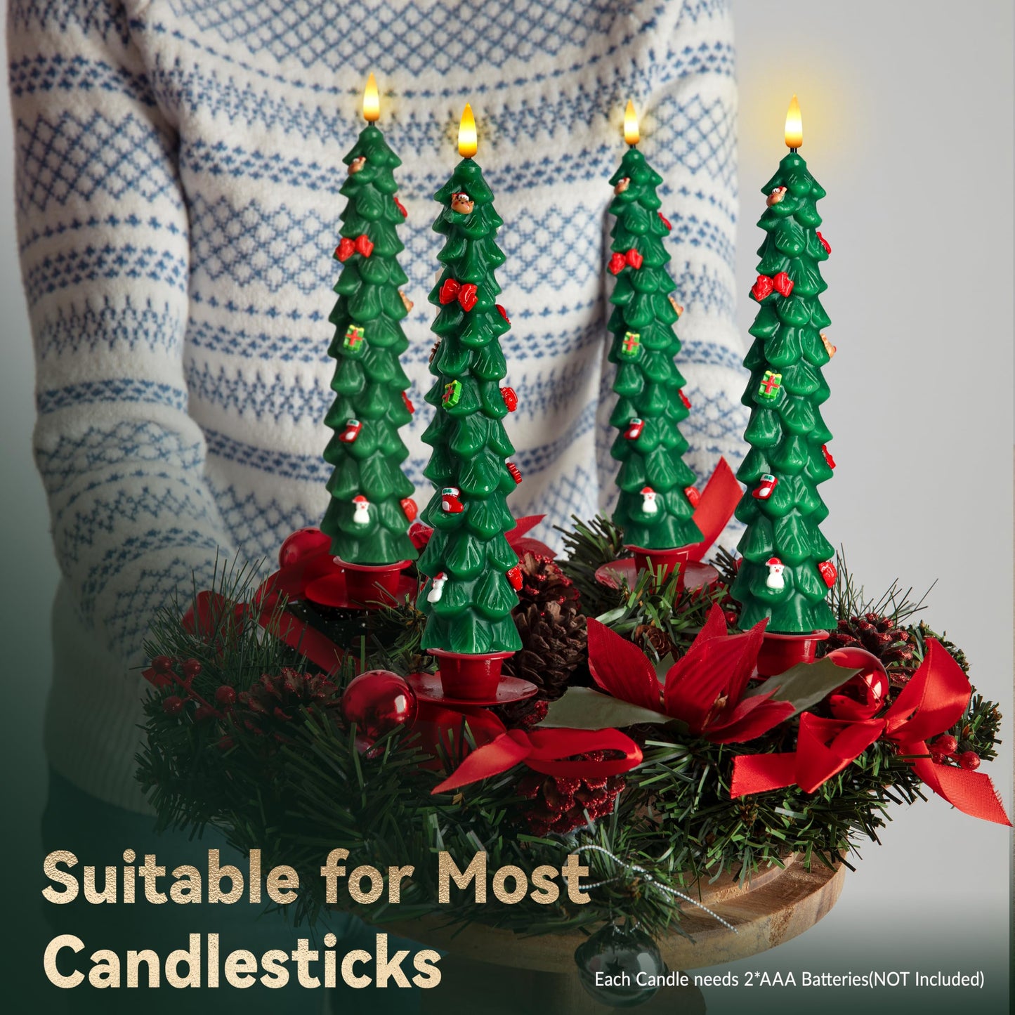 4Pcs Christmas Tree Flameless Taper Candles with Remote and Timer,LED Candles Battery Operated with Mini Ornaments,9.5" Real Wax Window Candlesticks with Flickering 3D Flame for Christmas Decoration