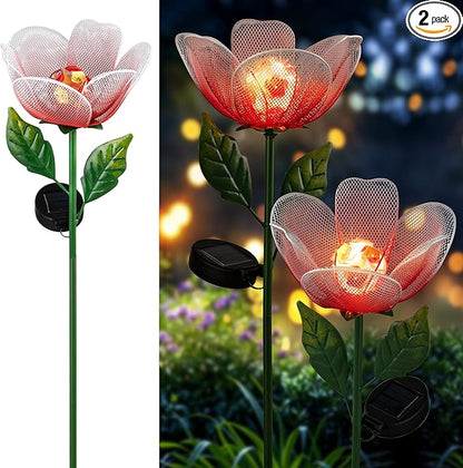 Flower Solar Lights for Outside,2 Pack Metal Flower Solar Lights for Outside,Tulip Solar Powered Garden Light Outdoor Decor,Housewarming Ornament for Patio, Lawn, Yard, Pathway (Breathing Light)