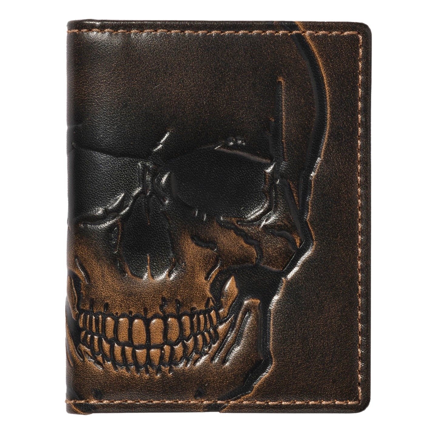 House of Jack Co. Skull Men's Slim Card Wallet, Minimalist Front Pocket Bifold Card Holder, Full Grain Leather, 6 Card Slots with ID Window, Embossed Skull, Gift for Men, Black