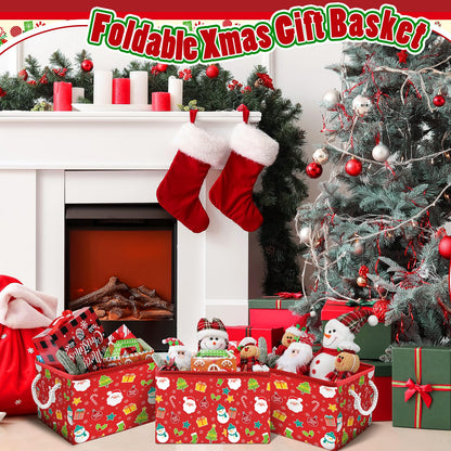 Acellegic 4 Pcs Large Christmas Storage Basket 15 x 10 x 9.5 Inch Foldable Christmas Storage Bins with Handles & Drawstring Lid Xmas Bins Cotton Laundry Organizer for Holiday Bedroom Home(Cheerful)