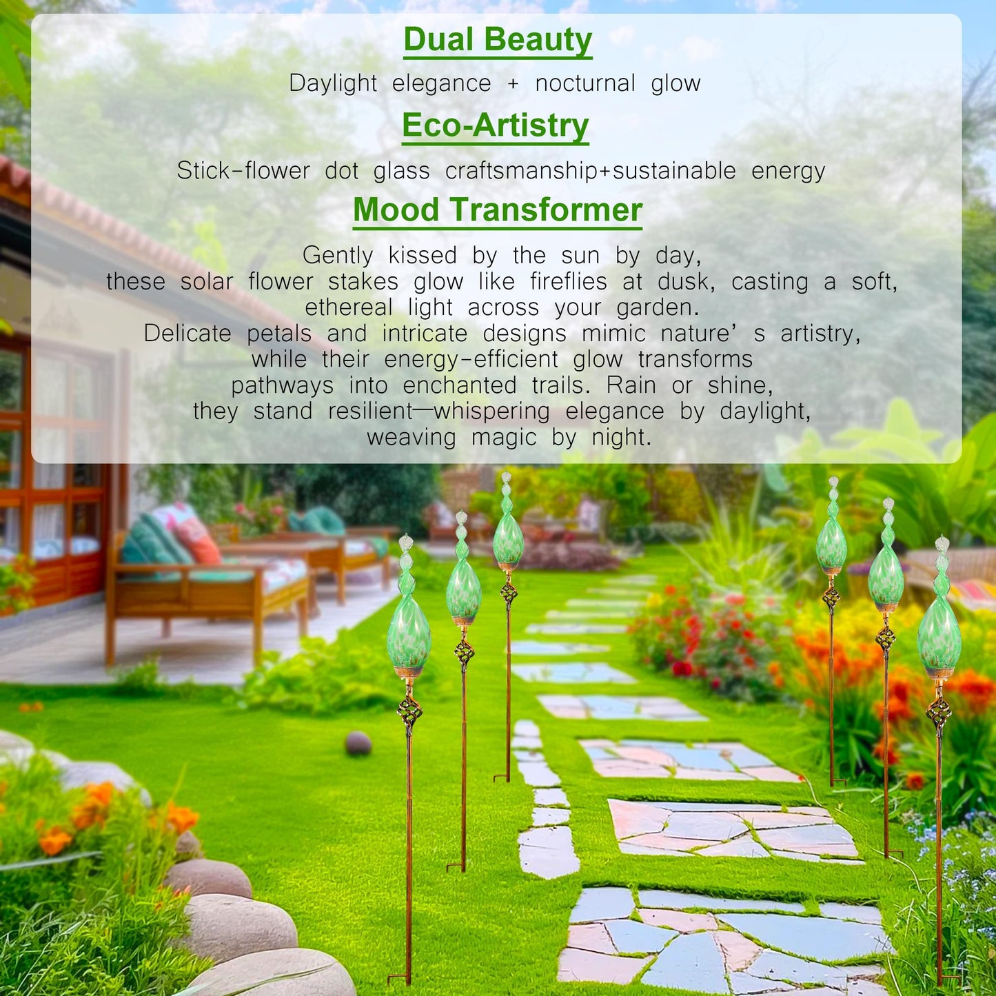 Garden Solar Lights, Green Flame Solar Lights Outdoor - Hand Blown Glass Decorative Garden Pathway Lights Outdoor Waterproof Flame Glass Stakes