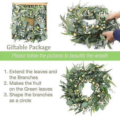 Wreaths for Front Door 22 Inch, All Season Greenery Wreath Olive Eucalyptus Leaves and White Mixed Berry for Indoor Outdoor Farmhouse Home Porch Wall Window Festival Wedding Decor
