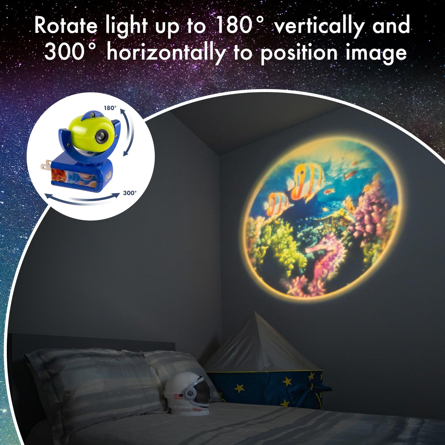 Projectables Six Image LED Plug-In Night Light, Light Sensing, Auto On/Off, Projects Solar System, Earth, Moon, Safari, Aquarium, and Coral Reef on Ceiling, Wall, or Floor 13347