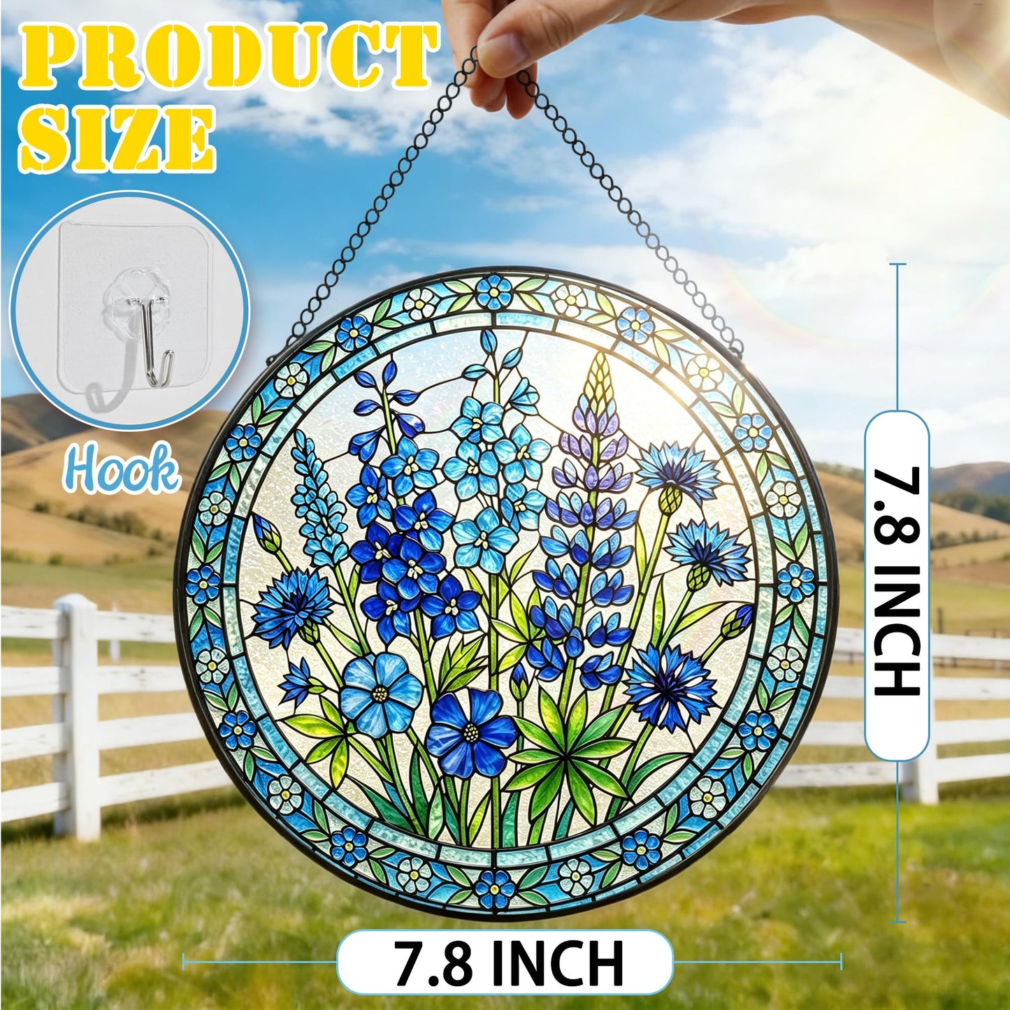 Botanical Stained Glass Window Hanging, 7.8 Inch Blue Wildflower Stained Glass Suncatcher, Sun Catchers Indoor Window Ornament, Suncatcher for Windows, Doors & Home Decor, Birthday Gift for Her