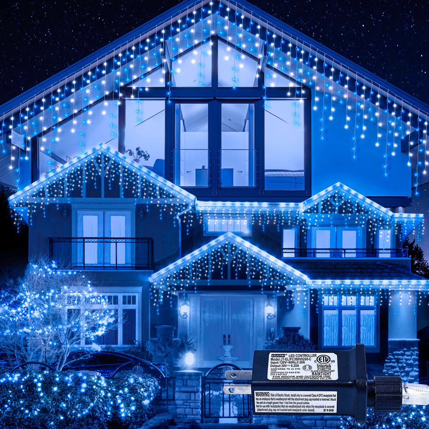 oopswow Icicle Lights Outdoor Decorations 300 LED 33ft 8 Modes Curtain Fairy String Light with 50 Drops, LED String Light Indoor for Wedding Party Holiday Christmas Decorations,Blue+White