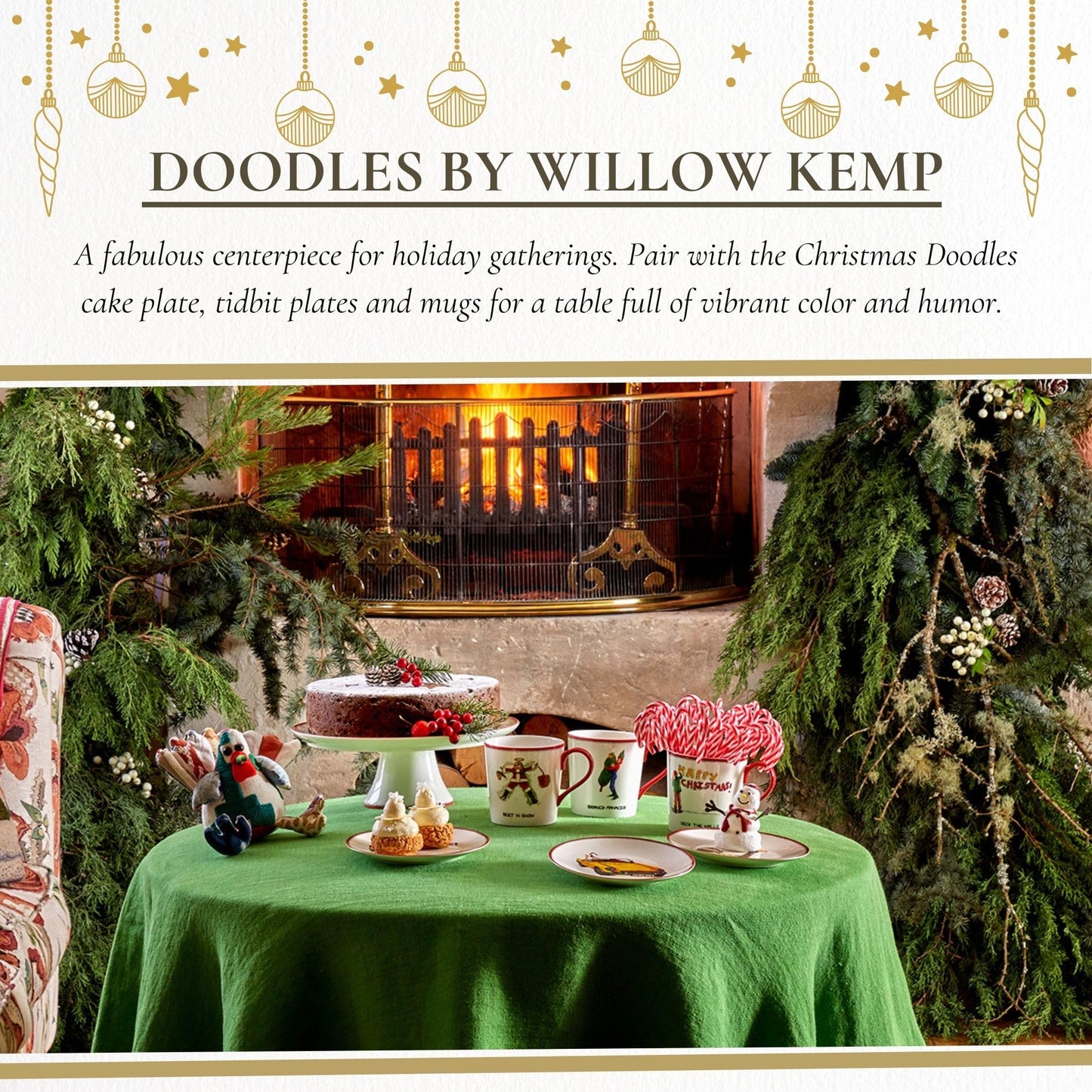 Spode Kit Kemp 12" Doodles Serving Tray - Fine China Dessert Server for Sandwiches, Snacks, Appetizers, Dishwasher Safe Christmas Tableware for Home Entertaining & Holiday Gatherings