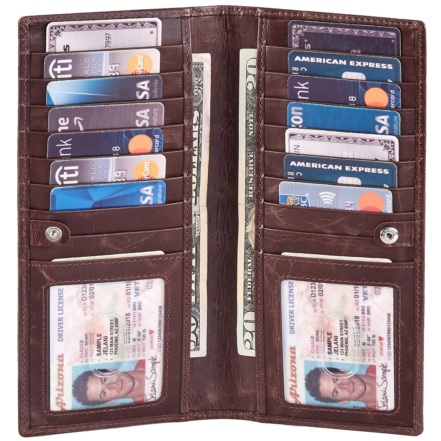 Long Wallet for Men Women Real Leather Bifold RFID Stylish Slim Handmade 2 ID Window Credit Card Holder in Gift Box (Coffee, Wax Pull Up)